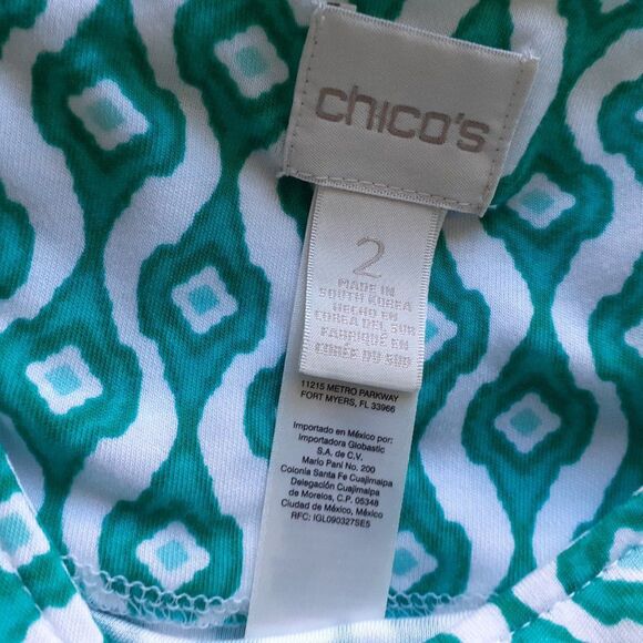 Chico's Geometric Teal White Scoop Neck Hi-Low Hem Stretchy Top Size 2 - Picture 6 of 7